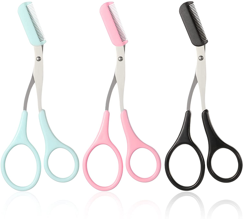 Eyebrow Shaping Cut Scissors Eyebrow Trimmer Scissors with Comb Eyebrow Comb Non Slip Finger Grips Hair Removal Beauty Accessories for Men and Women (Black, Pink, Blue,3 Pieces)