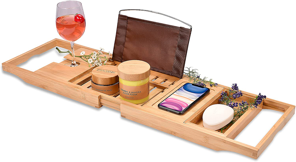 Bamboo Bathtub Tray - Perfect Expandable Bathtub Caddy with Reading Rack or Tablet Holder, This Premium Bath Tray Includes a Wine Glass Holder