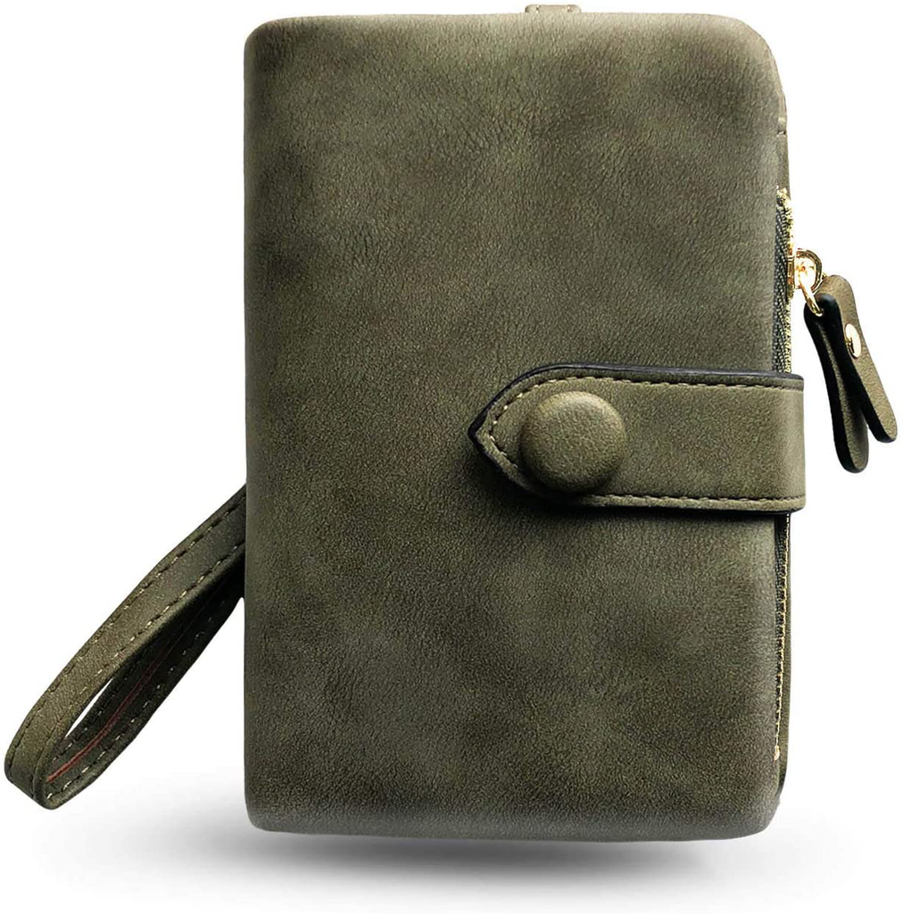 AOXONEL Women's Small Bifold Leather wallet Rfid blocking Ladies Wristlet with Card holder id window Coin Purse (Army Green)