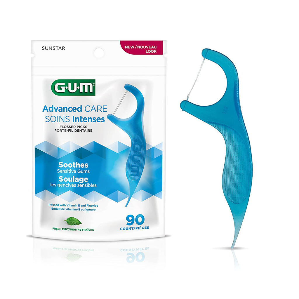 GUM - 888DF Advanced Care Flossers, Fresh Mint Dental String Floss Picks, Vitamin E & Fluoride, 90 Count