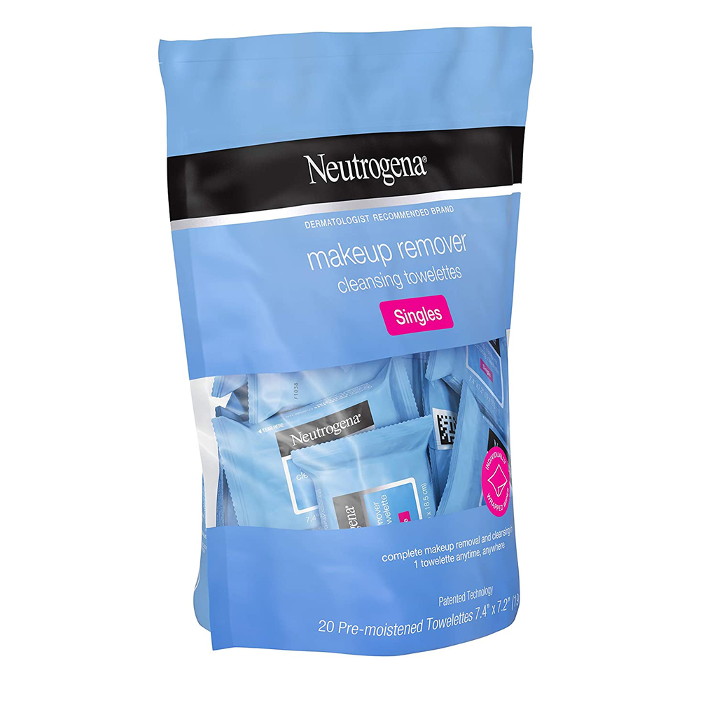 Neutrogena Fragrance-Free Makeup Remover Cleansing Towelette Singles, Individually-Wrapped Daily Face Wipes to Remove Dirt, Oil, Makeup & Waterproof Mascara for Travel & On-The-Go, 20 Ct