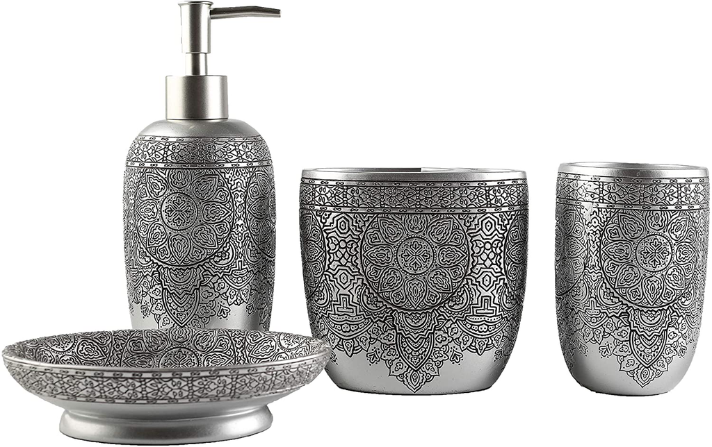 Hymmah Silver Bathroom Accessories Set,Toothbrush Holder,Farmhouse Bathroom Decor,4 Pcs Resin Gift Set Apartment Necessities, Contain Toothbrush Cup,Soap Dispenser,Soap Dish,Tumbler