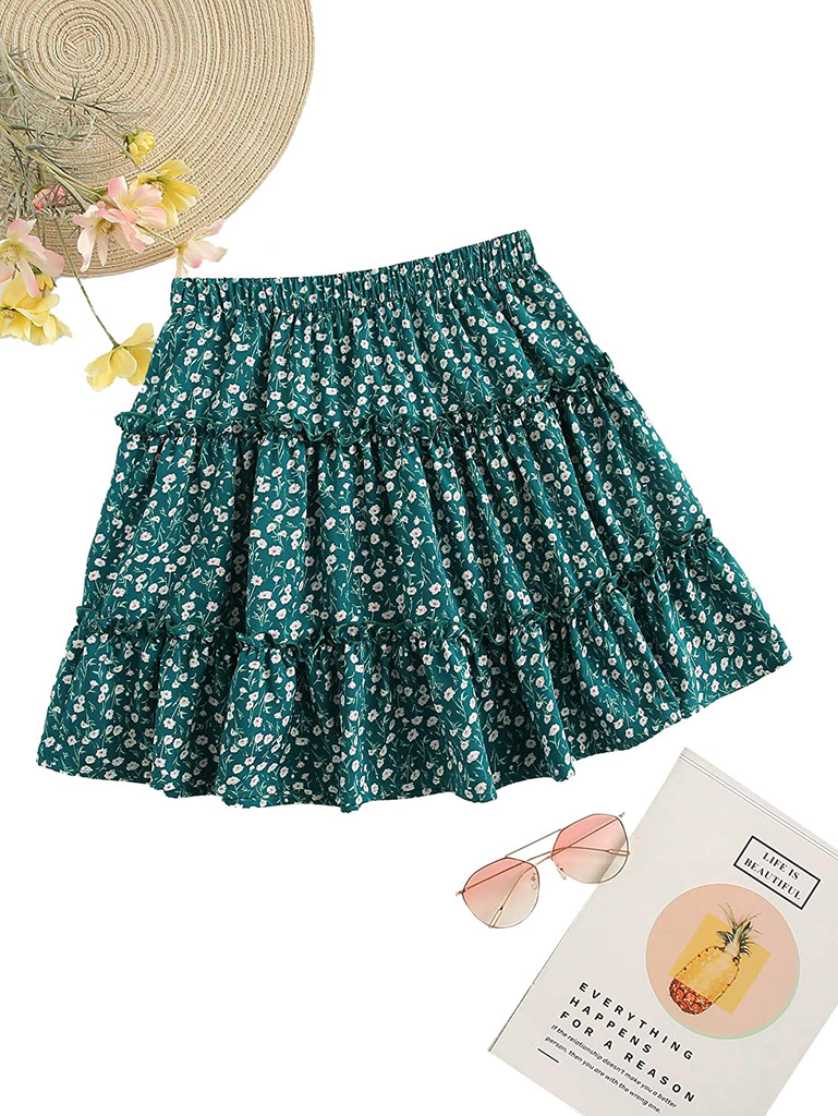 SheIn Women's Boho Floral Print Layered Frill Trim Ditsy Mini Short Flared Skirt