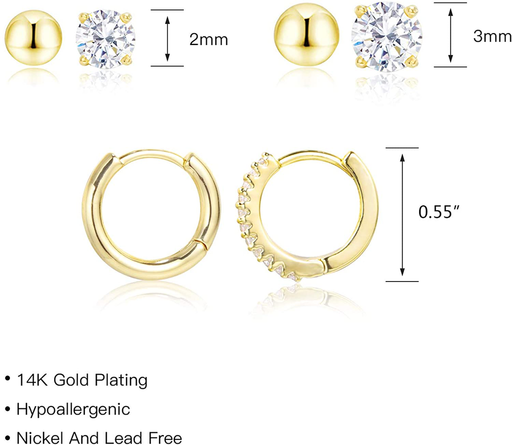 Earring Sets for Multiple Piercing | 14K Gold Plated Studs Earrings and Hoops Set Hypoallergenic Small Hoop CZ Ball Studs Earrings for Women Girls（6 Pairs）