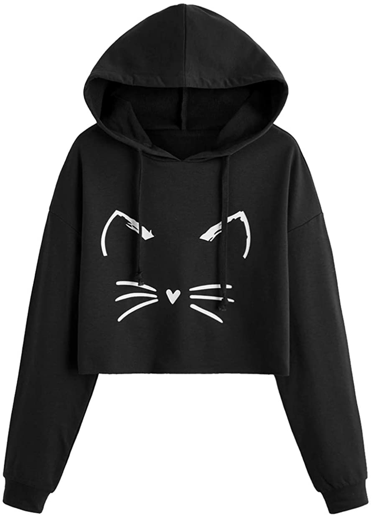 ROMWE Women's Casual Cat Print Long Sleeve Crop Top Sweatshirt Hoodies
