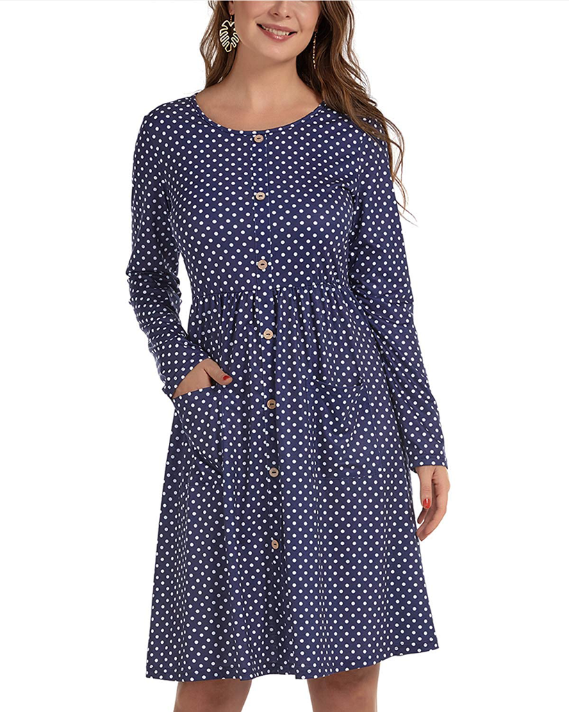 KILIG Women's Long Sleeve Button Down Casual Midi Dress with Pockets