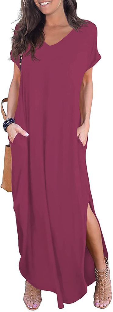 grecerelle women's casual loose pocket long dress GRECERELLE Women's Casual Loose Pocket Long Dress Short Sleeve Split M MODAndME