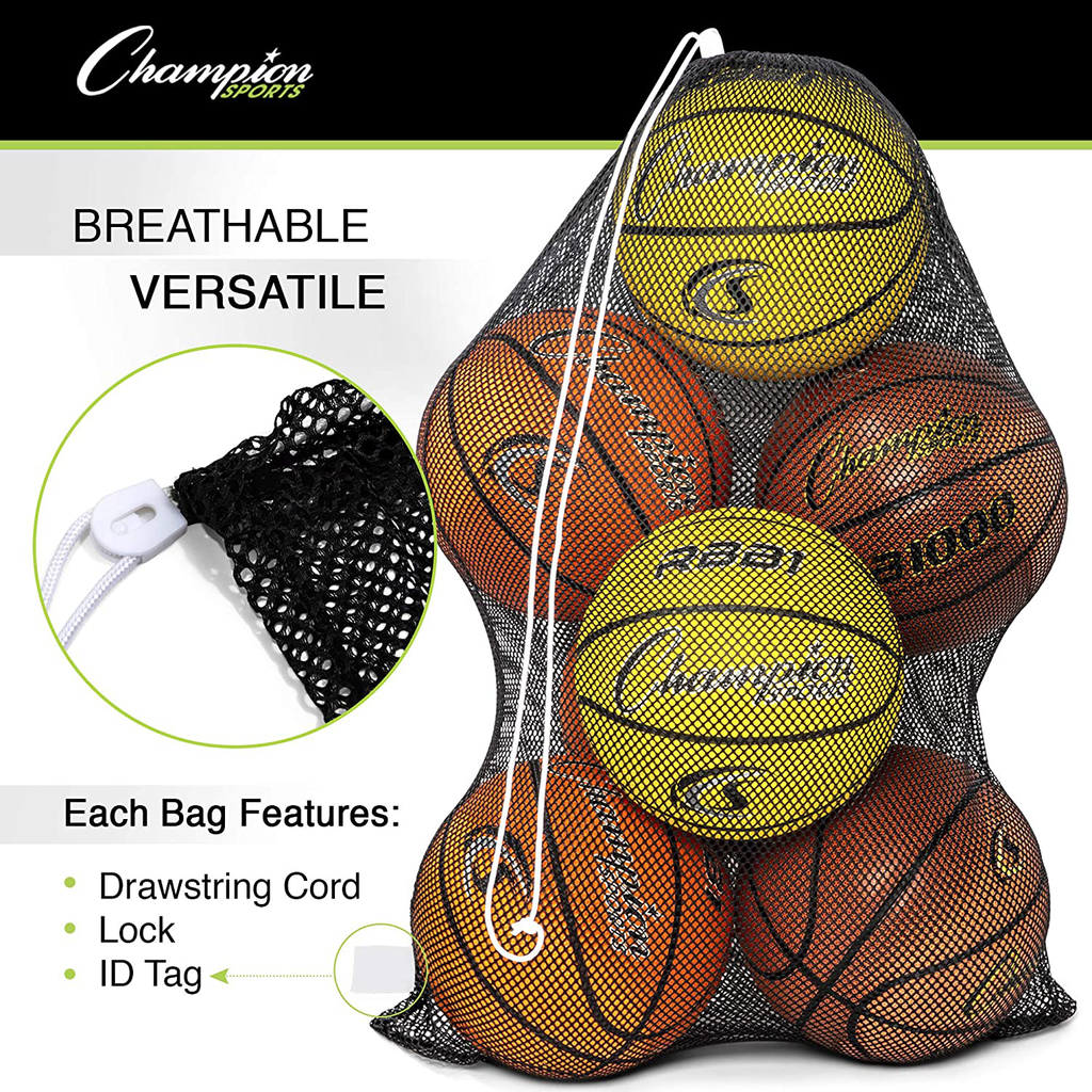Champion Sports Mesh Sports Equipment Bag, White, 24x36 Inches - Multipurpose, Nylon Drawstring Bag with Lock and ID Tag for Balls, Beach, Laundry, 24" x 36"