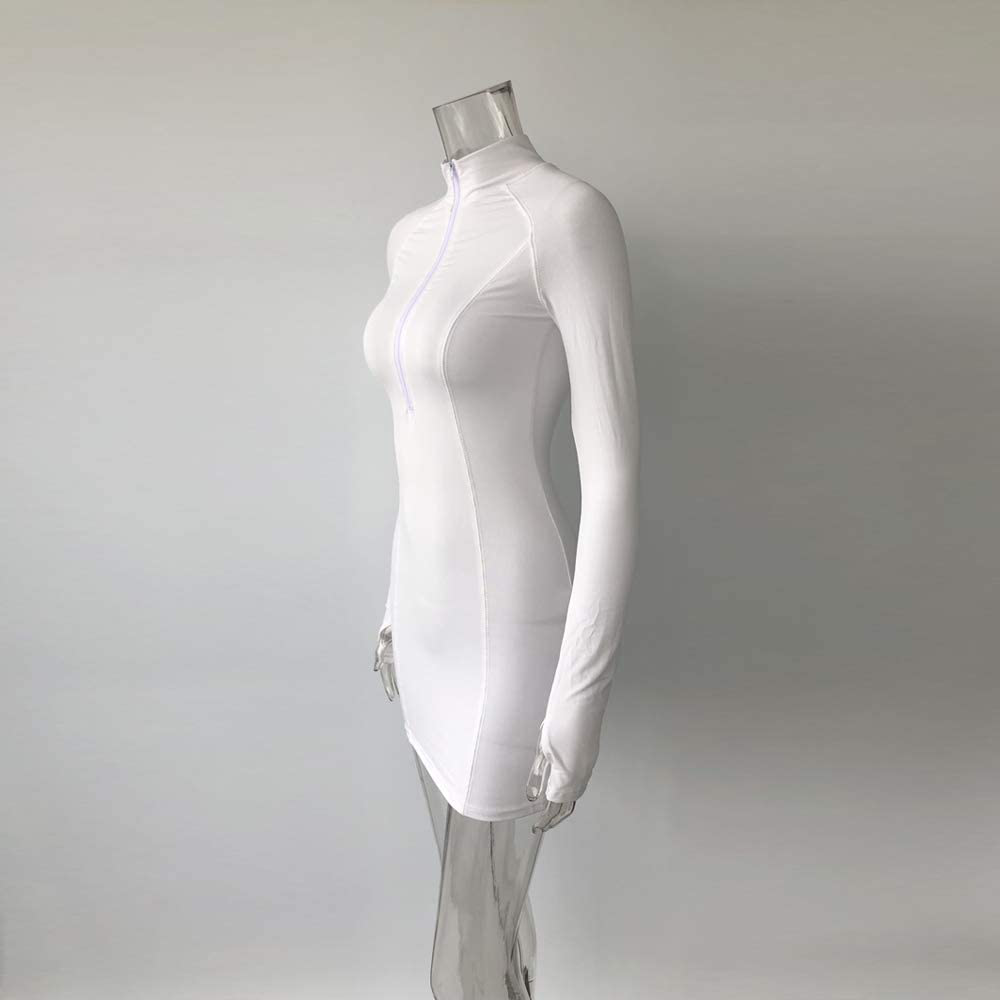 XLLAIS Women Long Sleeve Bodycon Dress with Zipper High Neck Cotton Outfits Fitness Mini Dresses