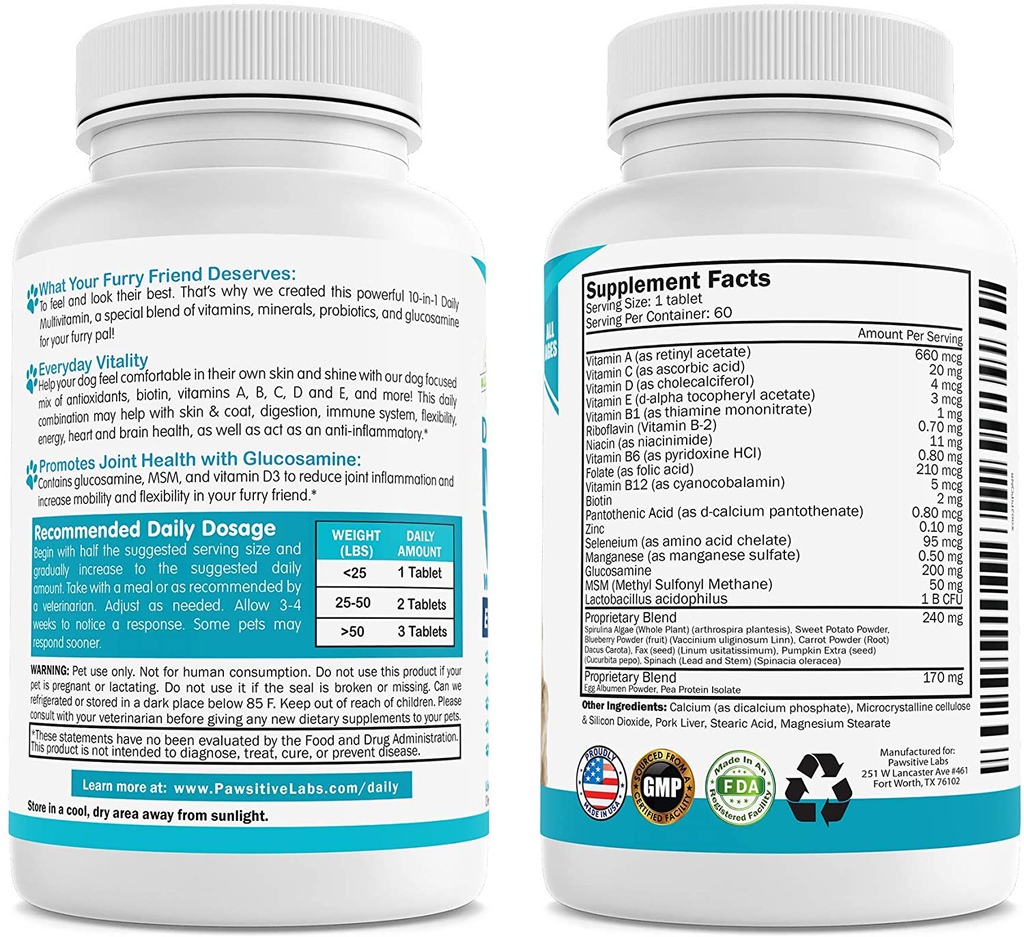 PAWSITIVE LABS 10 in 1 Dog Multivitamin with Glucosamine, D3, MSM to Help Reduce Joint Inflammation and Increase Immune System, Mobility and Flexibility – All-in-One Daily Dog Vitamin and Supplement