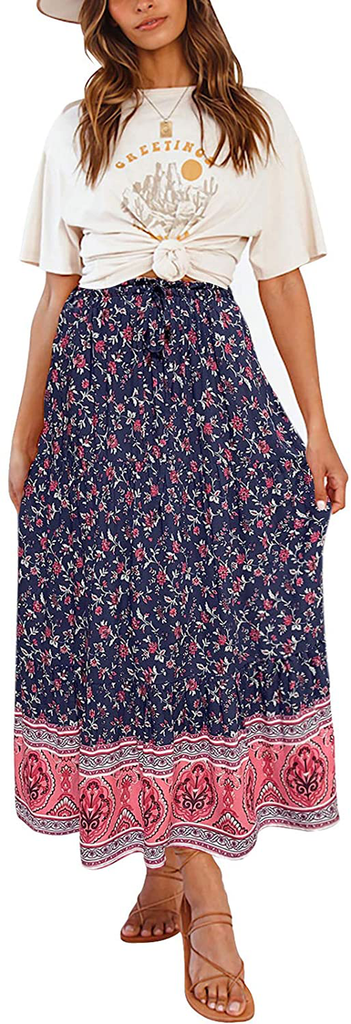 ZESICA Women's Bohemian Floral Printed Elastic Waist A Line Maxi Skirt with Pockets
