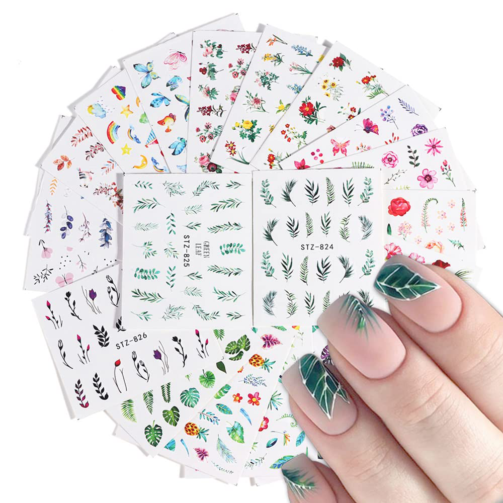 Macute Nail Stickers for Women Nail Art Accessories Decals 29 Sheets Fresh Nail Art Stickers Water Transfer Butterfly Leaf Flamingo Flower Nail Stickers for Fingernails Decor Manicure Decorations