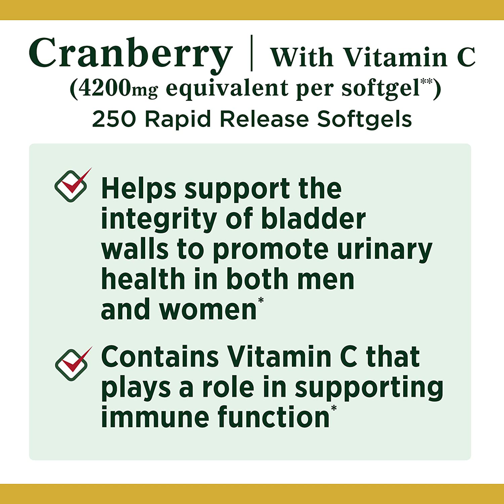 Cranberry Pills w/ Vitamin C by Nature's Bounty, Supports Urinary & Immune Health, 4200mg Cranberry Supplement, 250 Softgels