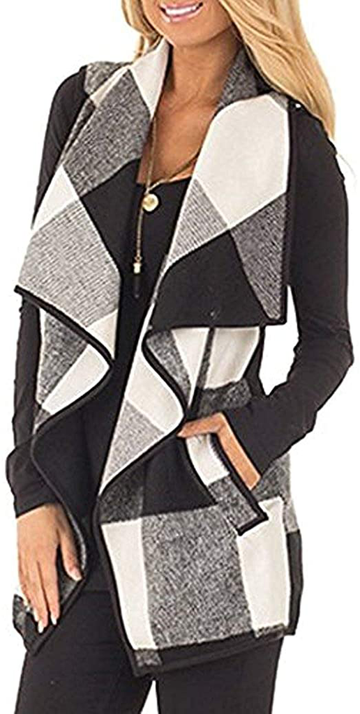 Rvshilfy Women's Color Block Lapel Open Front Sleeveless Plaid Vest Cardigan with Pockets