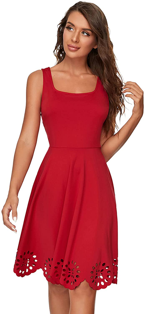 Romwe Women's A Line Swing Sleeveless Scalloped Flare Cocktail Party Dress