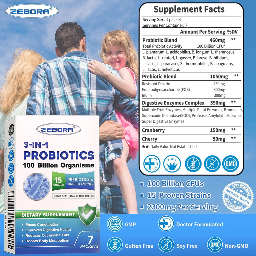 Probiotics for Women 100 Billion CFU with Prebiotics and Enzymes, Probiotic Powder for Adult, Men, Kids, Shelf Stable Probiotic Supplement for Digestive Health