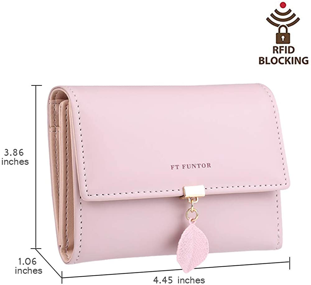 FT Funtor RFID Wallets for Women, Leaf Card Holder Trifold Ladies Wallets Coins Zipper Pocket with ID Window