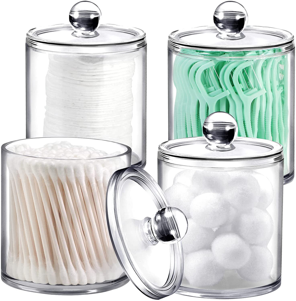 4 Pack of 15 Oz. Plastic Acrylic Bathroom Vanity Countertop Canister Jars with Storage Lid, Apothecary Jars Qtip Holder Makeup Organizer for Cotton Balls,Swabs,Pads,Bath salts (Clear, 15 Oz)