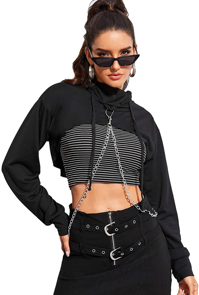 SweatyRocks Women's Solid Black Long Sleeve Pullover Crop Top Hoodie
