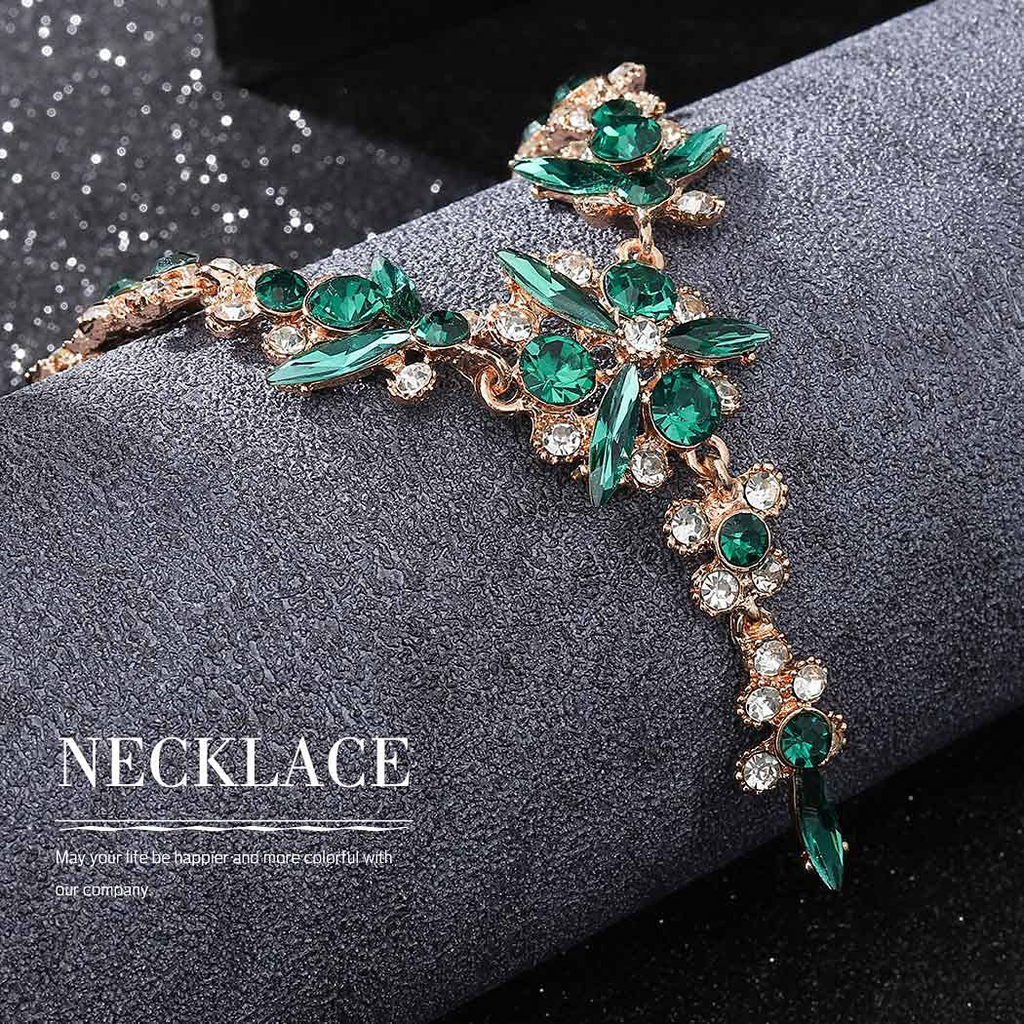 Unicra Bride Necklace Earrings Set Crystal Bridal Wedding Jewelry Sets Rhinestone Choker Necklace Prom Costume Jewelry for Women and Girls (Green)