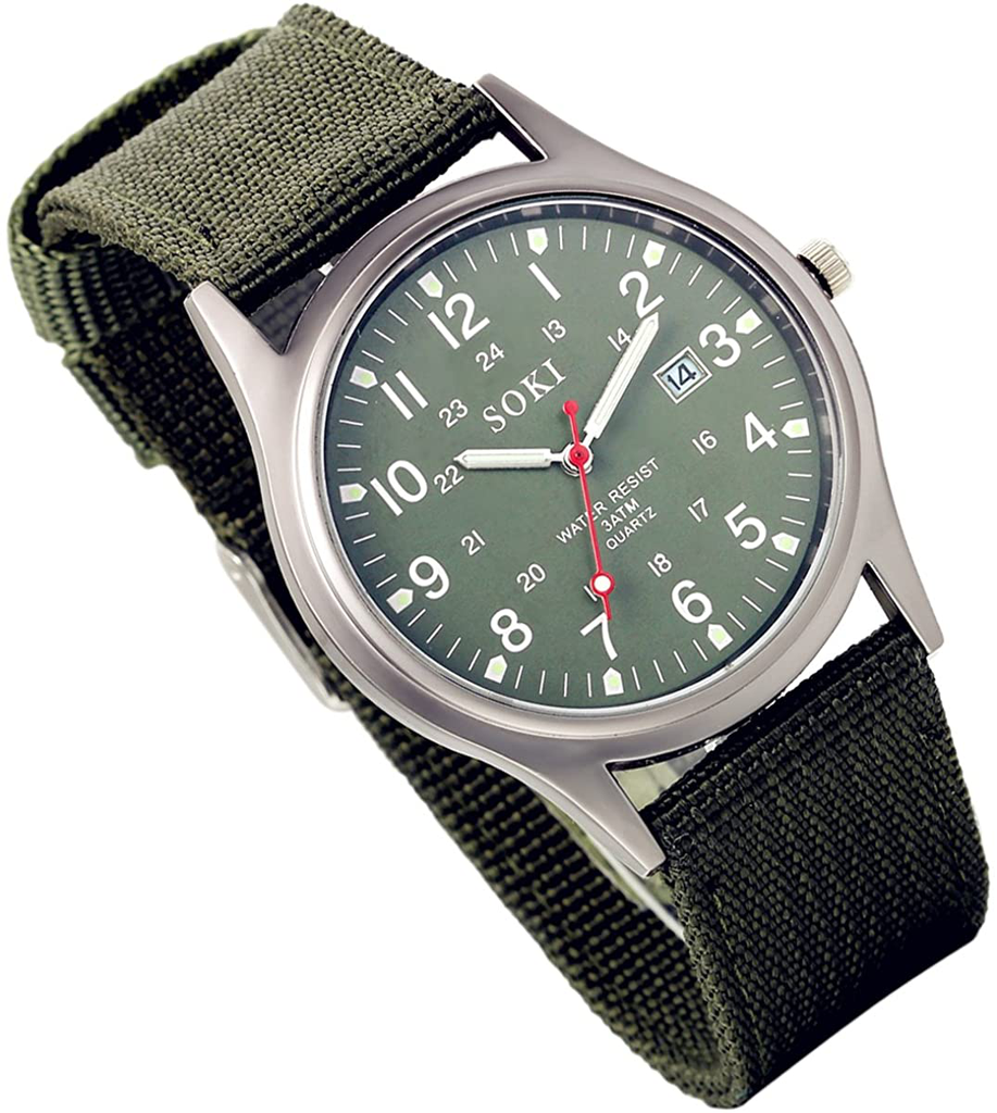 Lancardo Analog Quartz Watch with Woven Nylon Band Calendar Luminous Hand Military Time 24H (Army Green)