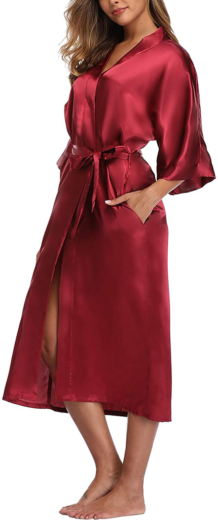 Womens Pure Color Long Satin Bathrobe Kimono Nightgown Long Dress Gown