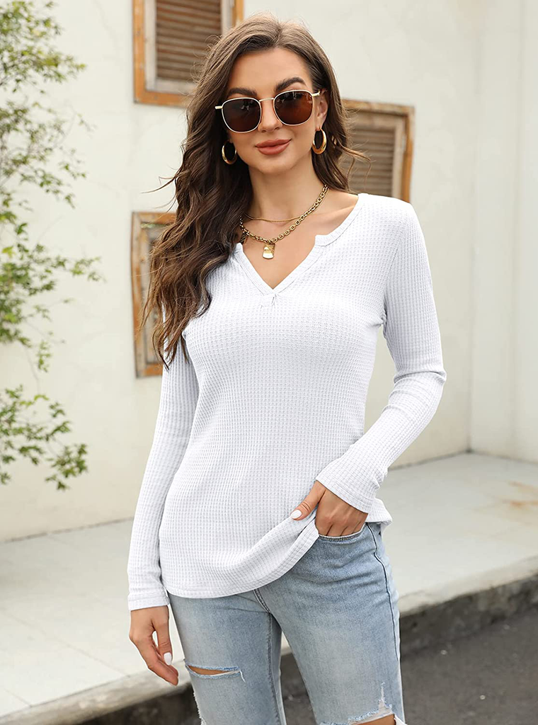 Women's V Neck Waffle Knit Henley Tops Casual Long Sleeve Pullover Sweater Blouses