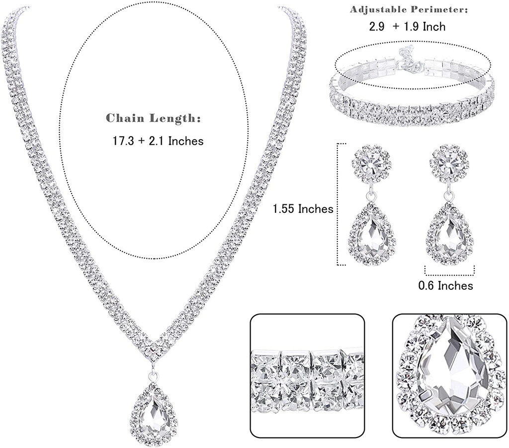 Subiceto Bridal Jewelry Set for Wedding Simple Necklace Teardrop Dangle Earrings Bracelets Crystal Prom Bridal Bridesmaid Tennis Jewelry Set