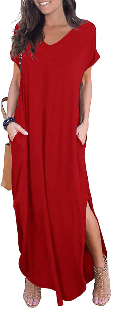 GRECERELLE Women's Casual Loose Pocket Long Dress Short Sleeve Split Maxi Dresses