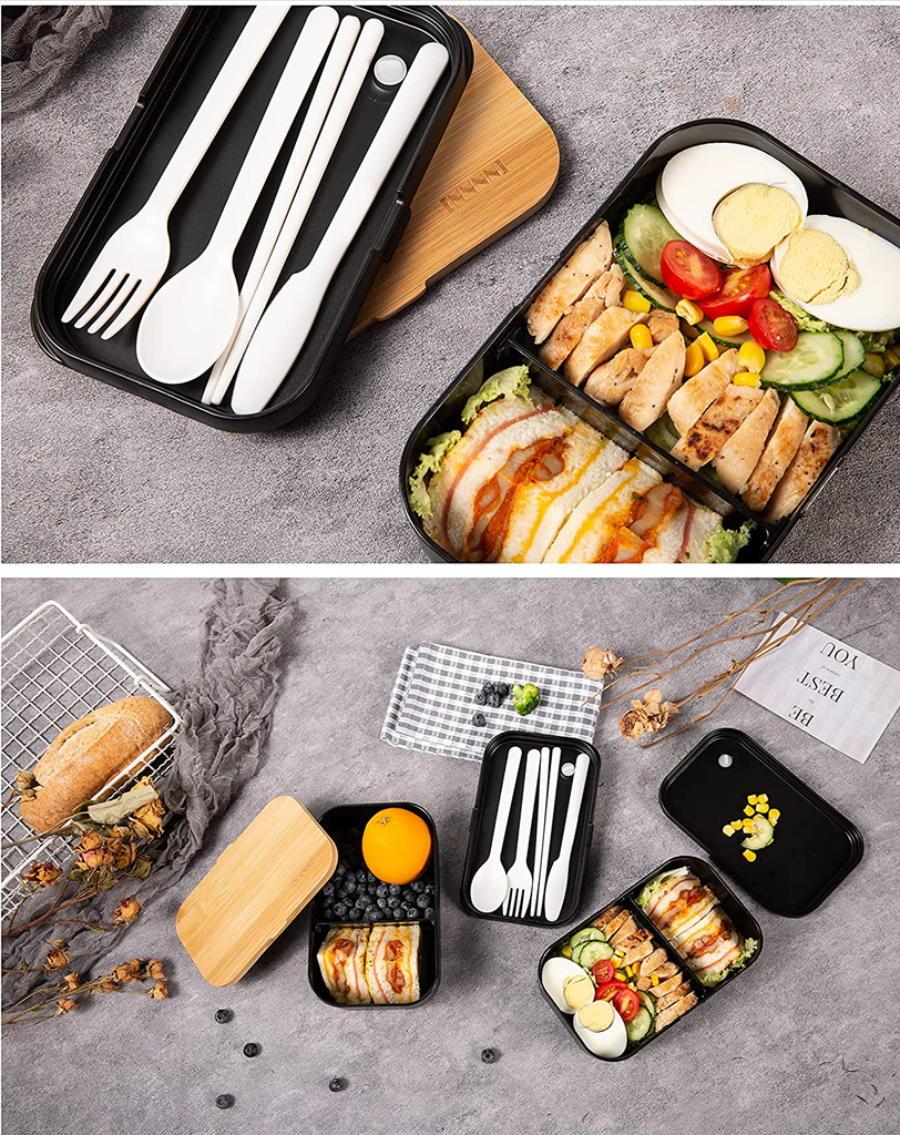 INVVNI Japanese Bento Box Adult Lunch Bamboo Containers for Kids Black (Large 68 Oz Capacity)- Microwave safe, Bpa free, Leakproof, Men Women