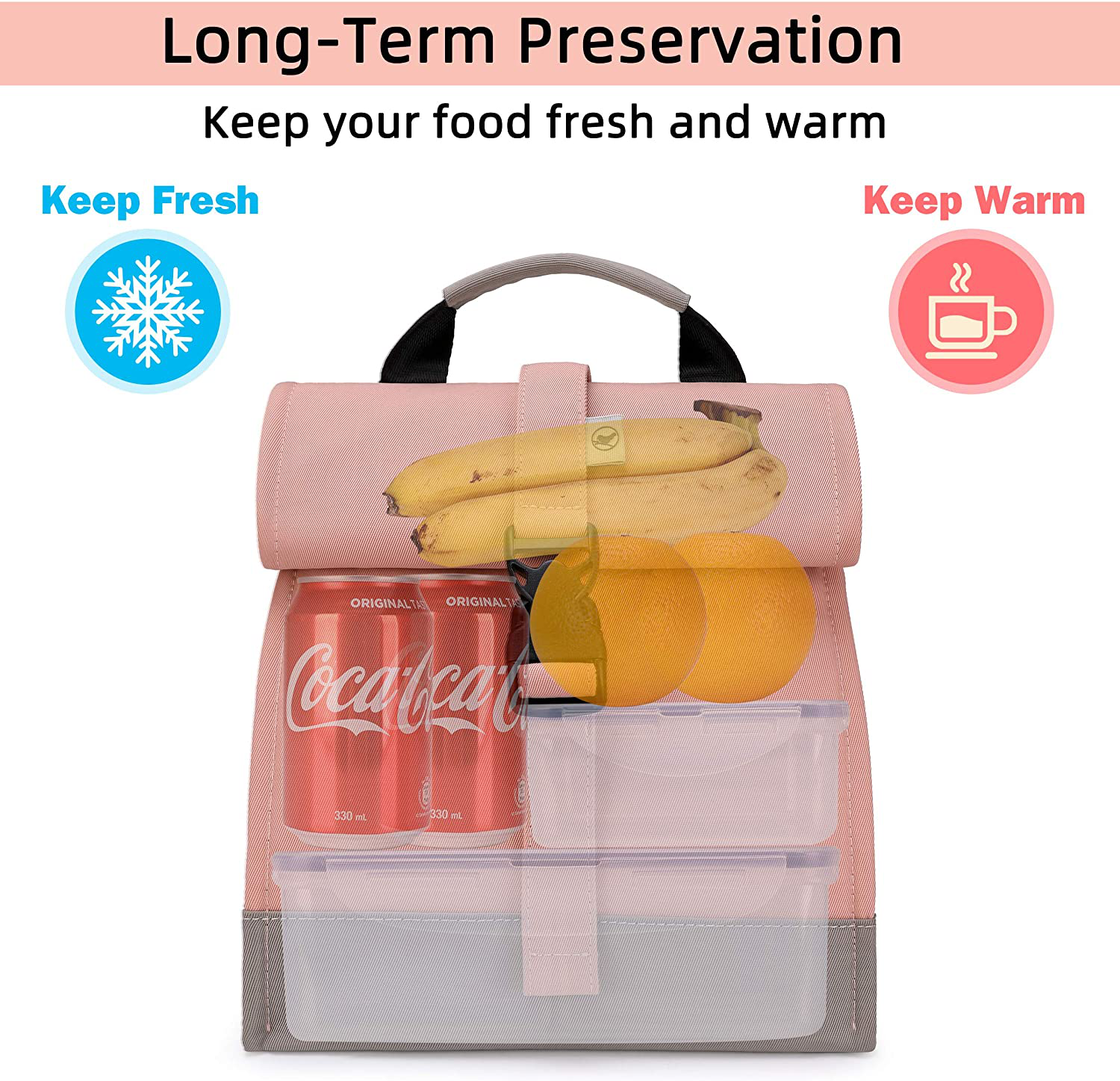 Insulated Lunch Bag Roll Top Lunch Box for Women Men, Black