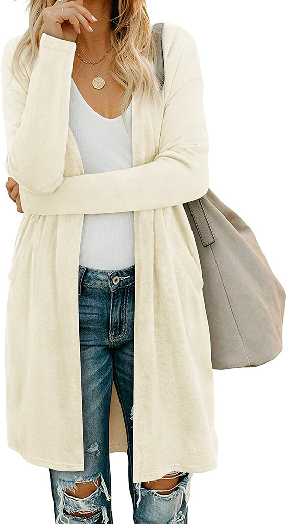 OUGES Women's Open Front Cardigan Shirt with Pockets Long Sleeve Lightweight Coat