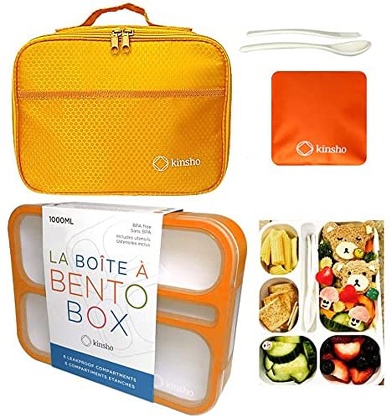 Bento-Box with Lunch Bag and Ice Pack Set. Lunch-Boxes Snack Containers for Kids Boys Girls Adults. 4 Compartments, Leakproof Portion Container, Insulated Bags for School Lunches, Yellow-Green