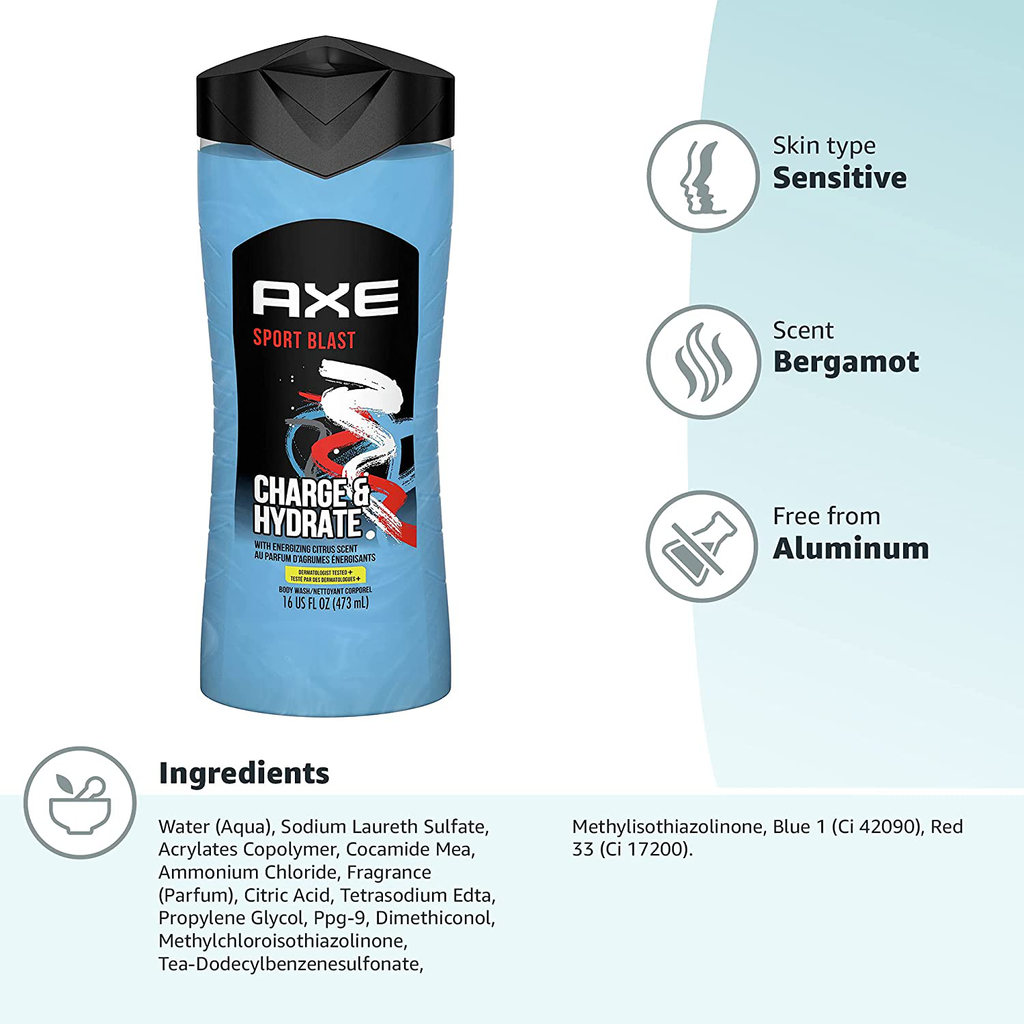 AXE Body Wash Charge and Hydrate Sports Blast Energizing Citrus Scent Men'S Body Wash 100 Percent Recycled Bottle 16 Fl Oz