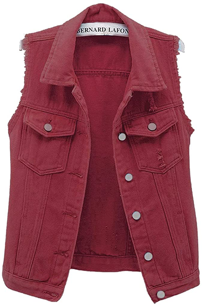 ebossy Women's Candy Color Slim Fit Sleeveless Distressed Denim Jean Vest Jacket