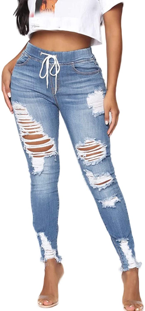 Weigou Women Hole Ripped Jeans Distressed Drawstring Elastic Waist Stretch Skinny Pants Jeans Women