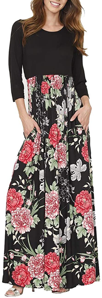 DUNEA Women's Maxi Dress Floral Printed Autumn 3/4 Sleeve Casual Tunic Long Maxi Dress