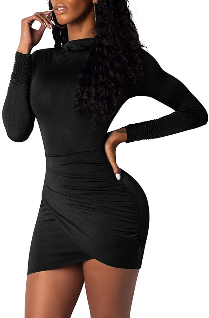 BORIFLORS Women's Sexy Wrap Front Long Sleeve Ruched Bodycon Mini Club Dress