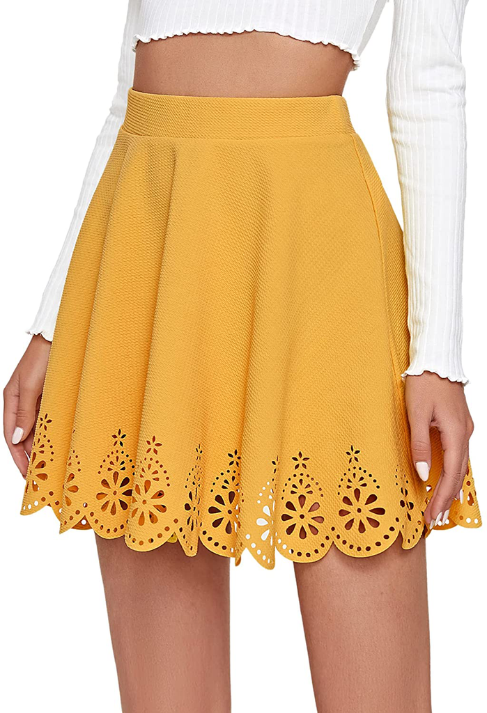 SheIn Women's Basic Solid Cutout Scallop Hem Flared Mini Skater Skirt