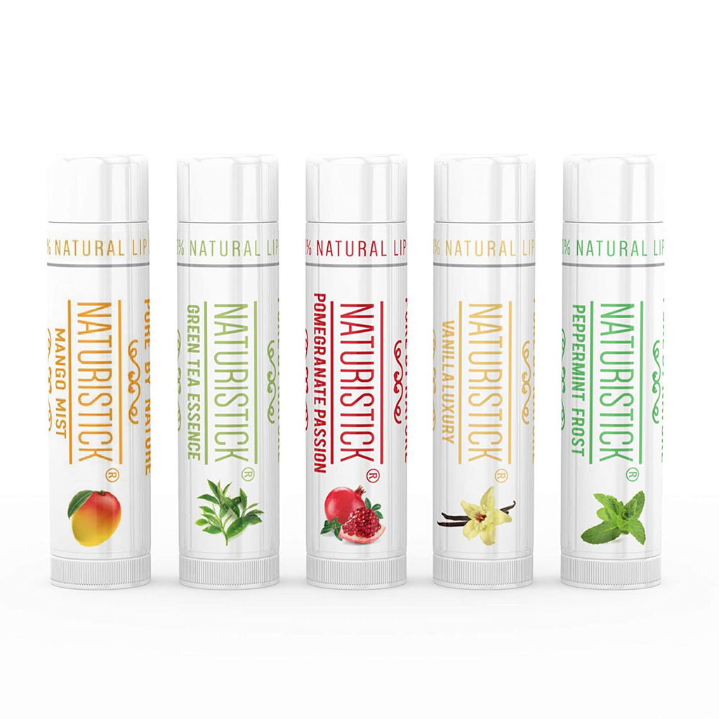 5-Pack Lip Balm Gift Set by Naturistick. Assorted Flavors. 100% Natural Ingredients. Best Beeswax Chapsticks for Dry, Chapped Lips. Made in USA for Men, Women and Children