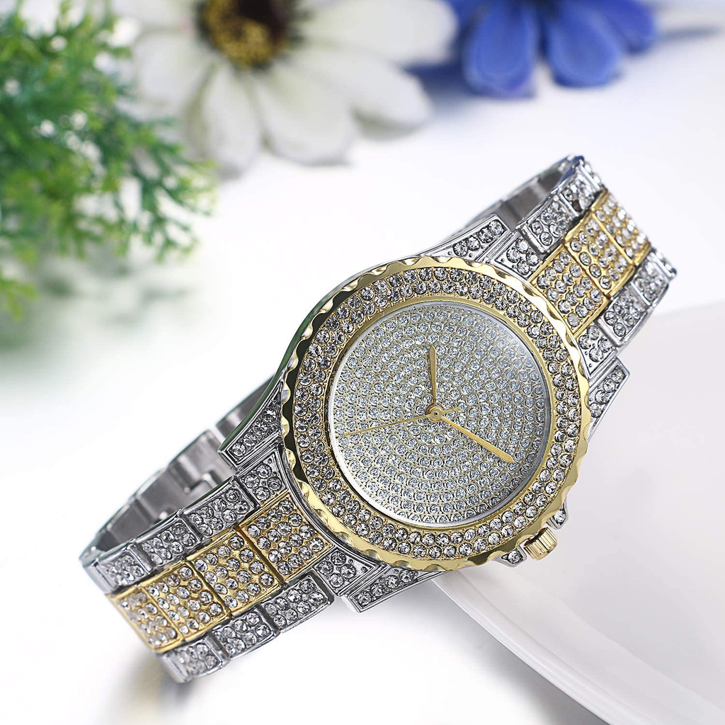 Jewelrywe Men Women Watches Stylish Rhinestone round Quartz Watch Gold Plated Stainless Steel Wristwatch for Valentine’S Day