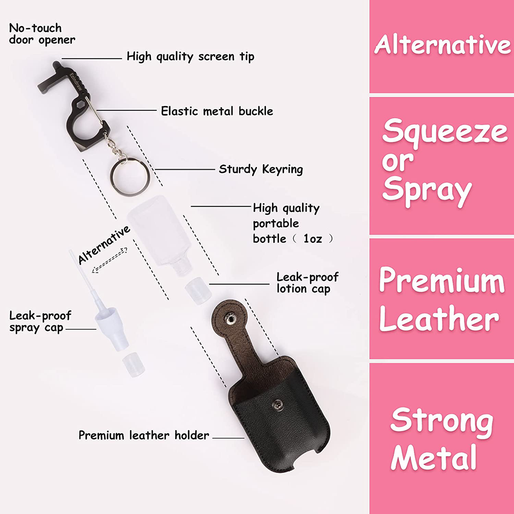 Portable Hand Sanitizer Holder Keychain and No Touch Door Opener Tool with Stylus, Premium Leather Squeeze or Spray Refillable Empty Bottle Case, Touchless Multitool, Travel Size Carrier, Black