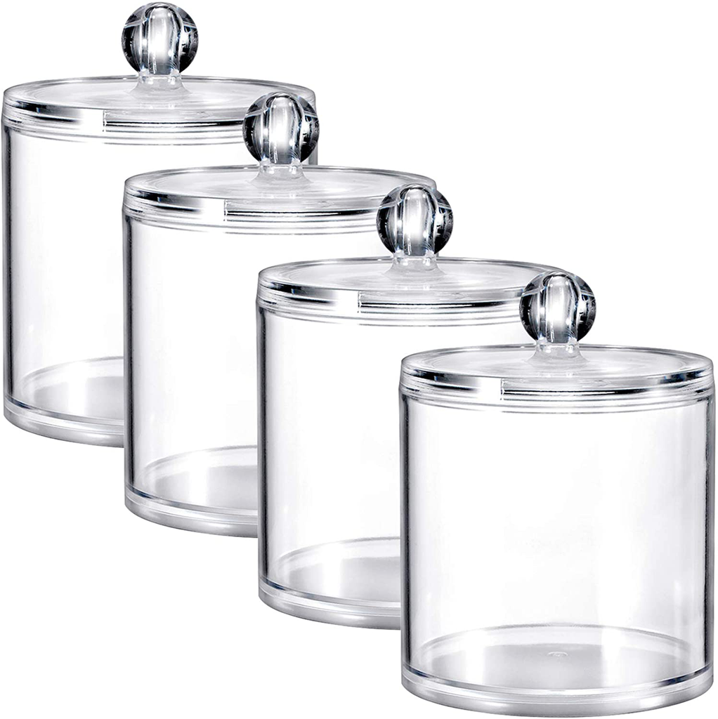 SheeChung 4 Pack Plastic Acrylic Bathroom Vanity Countertop Canister Jars with Storage Lid, Apothecary Jars Qtip Holder Makeup Organizer for Cotton Balls,Swabs,Pads,Bath Salts (Clear, 20 Oz)