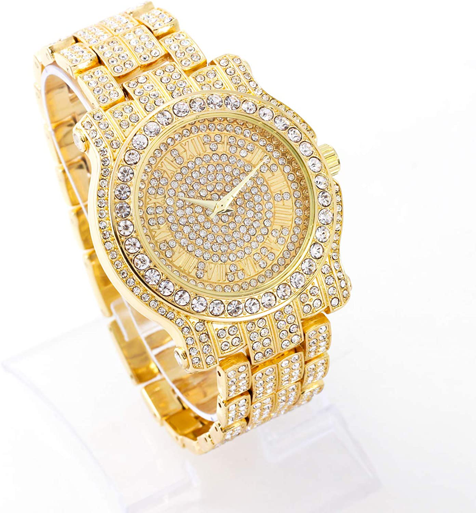 Mens 45mm Iced Watch with Diamond Roman Dial in 14k Gold, Silver and Two Tone Finish - Simulated Diamonds - Bling-ed Out Adjustable Band - Watch Only and Watch & Bracelet Sets