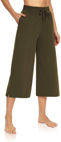 Women's Rayon Cotton Wide Leg Drawstring Capri, Capri Pants Loose Yoga Pants,  Plain Capri for Women, Nightwear Capri with 2 Pocket (Pack of 1) - Black
