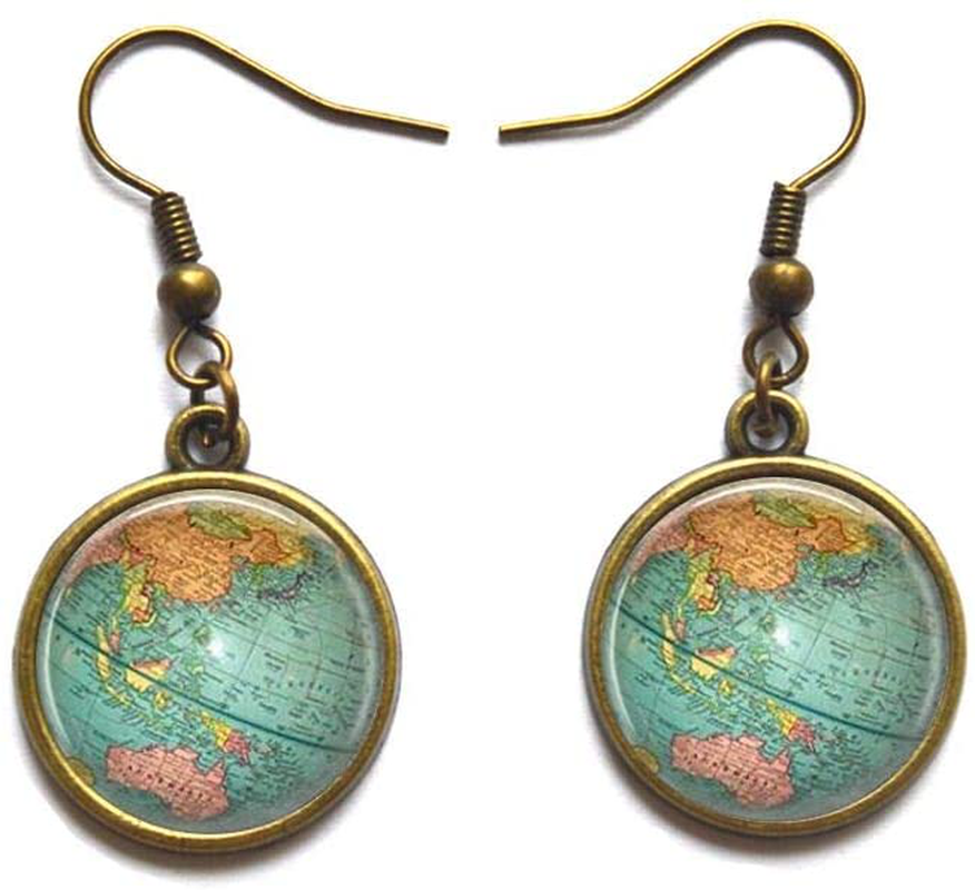 Beautiful Globe Stud Earrings Planet Earth World Map Art Earrings in Bronze or Silver with Link Chain Included.D0011