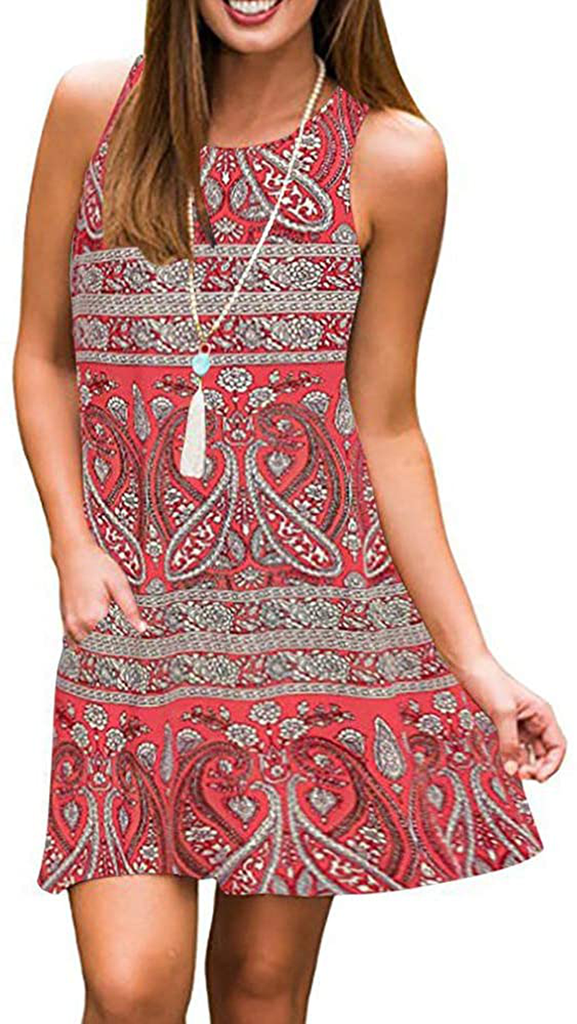 Boho Dresses for Women Summer Beach Sleeveless Vintage Floral Flowy Pocket Tshirt Tank Sundresses