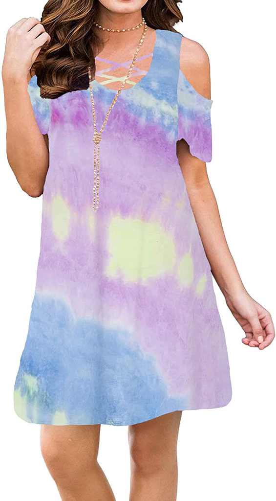 Bluetime Women Summer Cold Shoulder Criss Cross Neckline Short Sleeve Casual Tunic Top Dress (S-3XL)