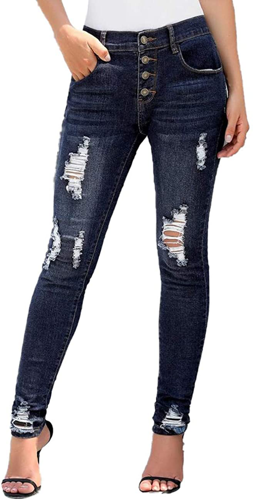 Sexyshine Women's High Waisted Skinny Destroyed Ripped Hole Denim Pants Long Stretch Pencil Jeans