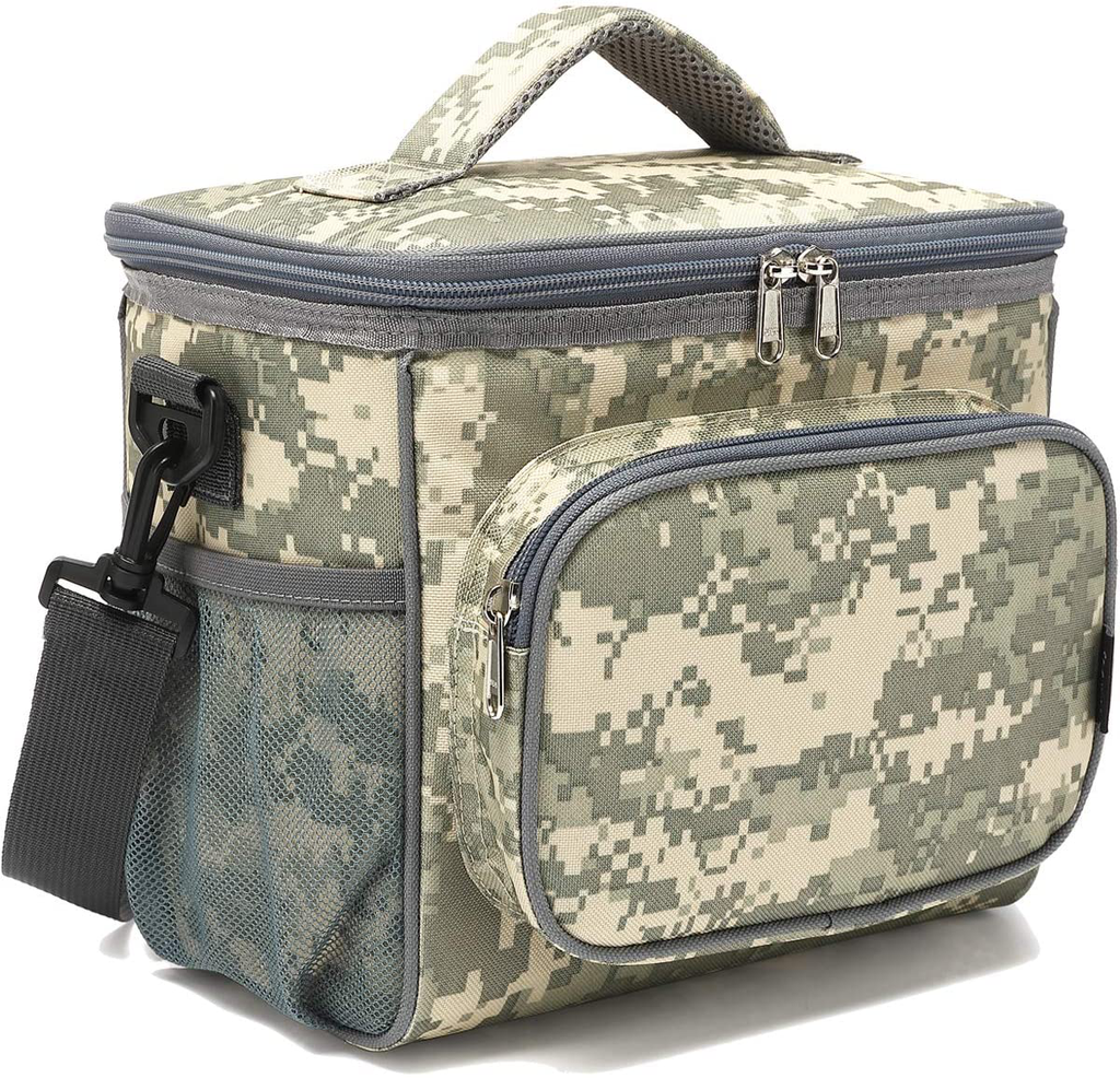 FlowFly Insulated Reusable Lunch Bag Adult Large Lunch Box for Women and Men with Adjustable Shoulder Strap Front Zipper Pocket and Dual Large Mesh Side Pockets, Digital Camo